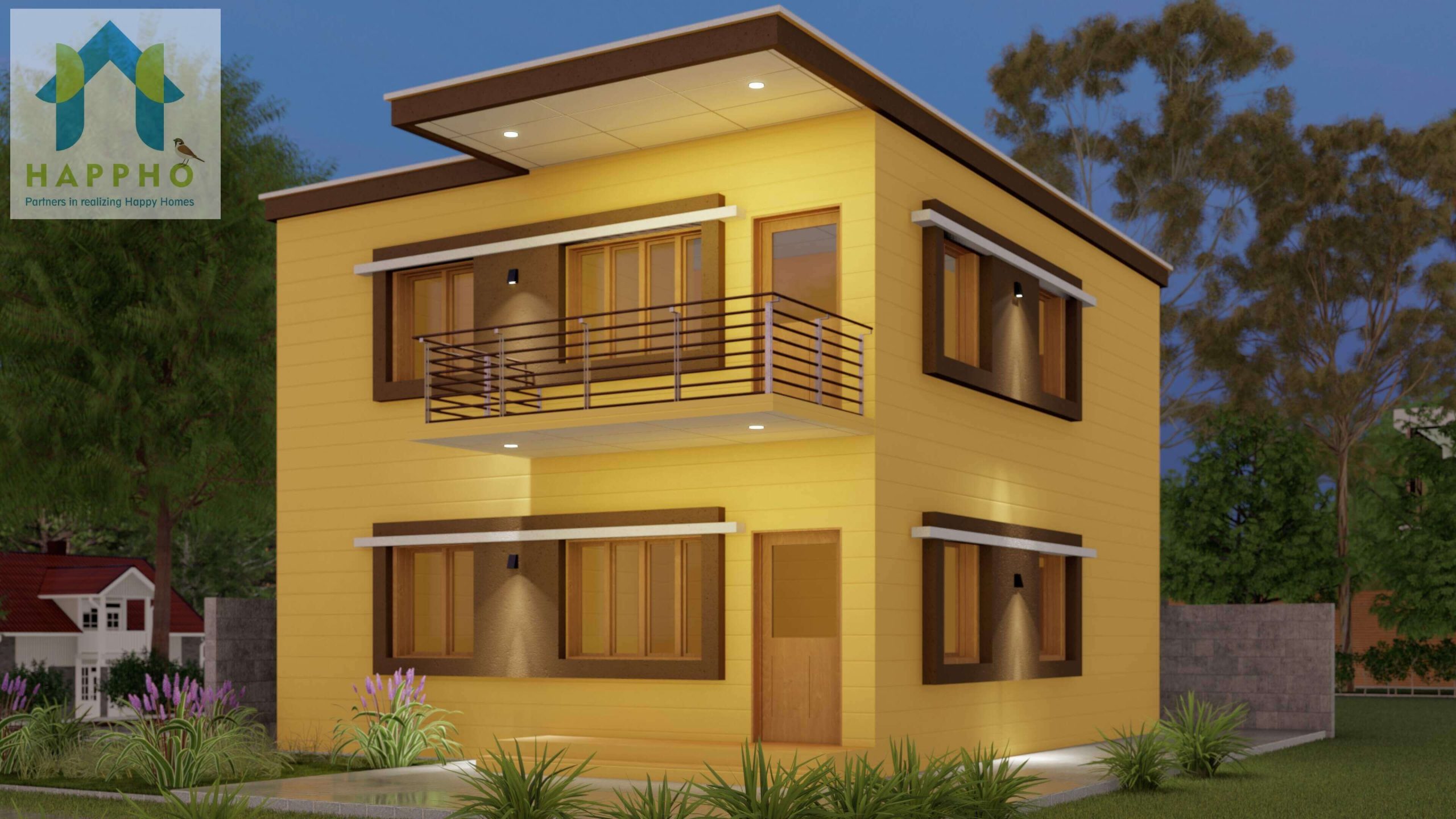 3d house design of duplex house plan for 3 bedroom house in yellow color
