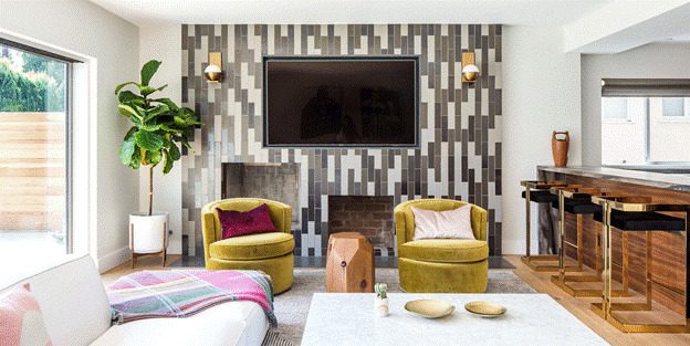 Laminate paneled accent wall with TV in living room