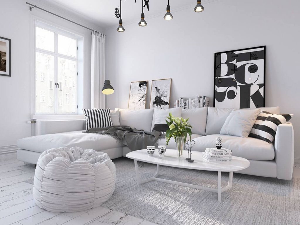 Light colored living room with sofa