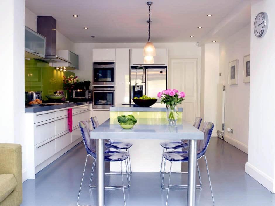 Light coloured theme dining and kitchen area