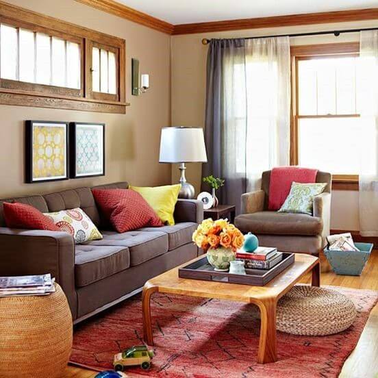 Light wooden furniture with beige color walls in living room