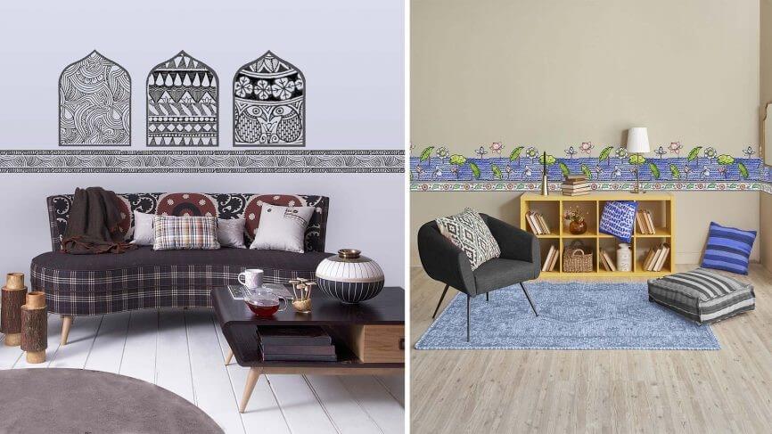 Traditional style painting on walls to give an indian folk look to living room