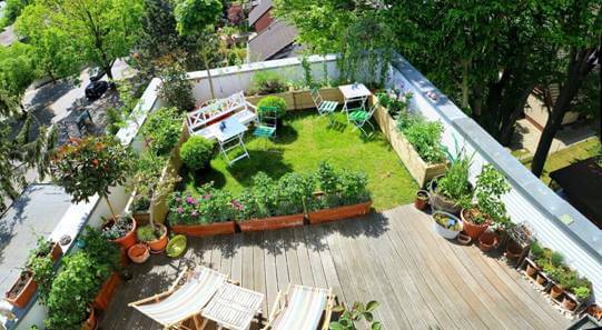 wooden color tiles and garden on roof top