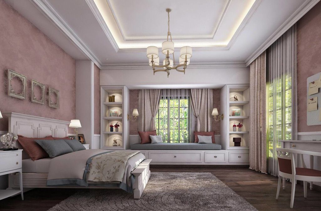 Luxurious Bedroom Design with window seating study table and bed