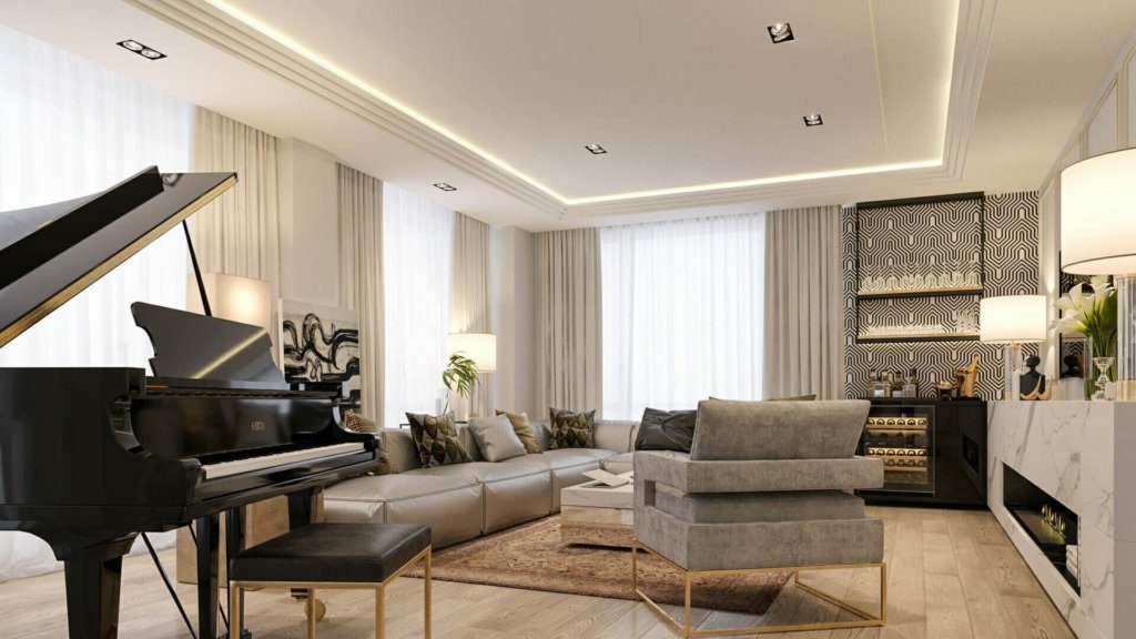 Luxurious living room design with simple false ceiling, sofas and piano