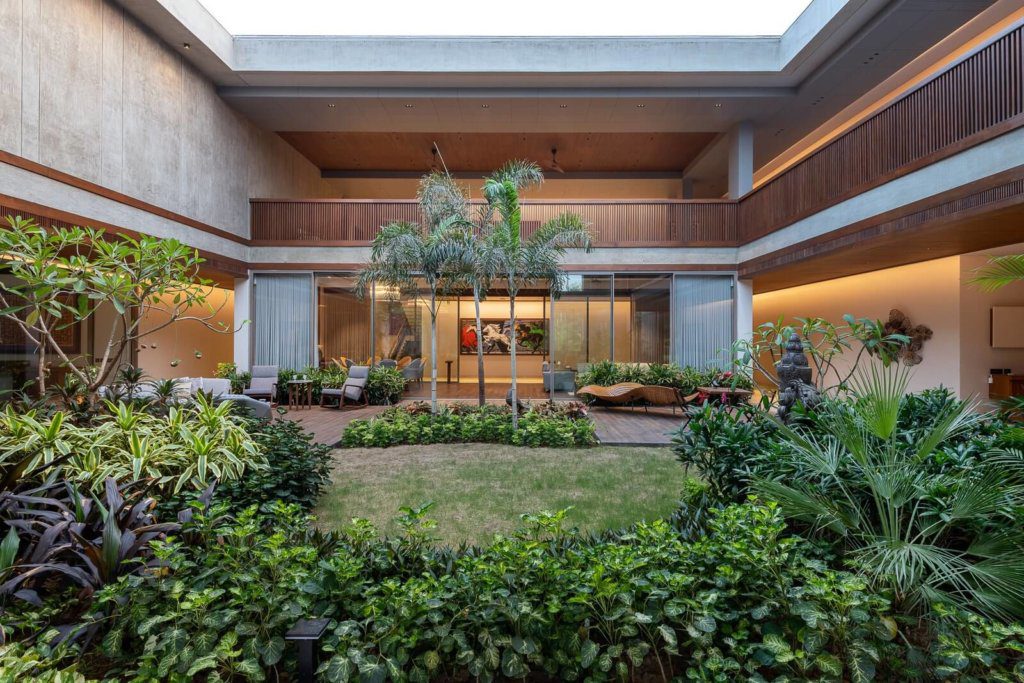 Courtyard space with a garden in the center