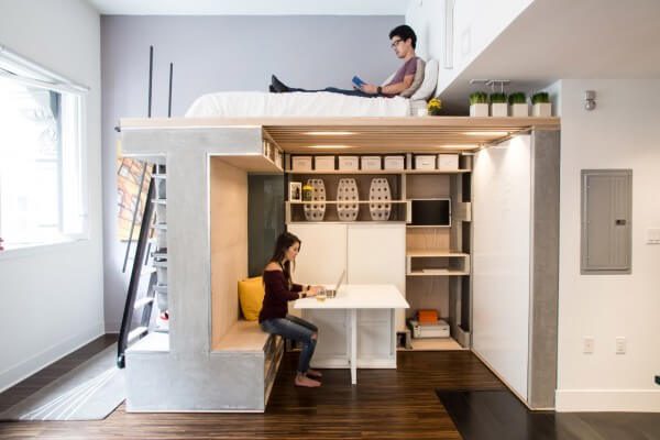 Loft space above bed designed as a personalized reading space