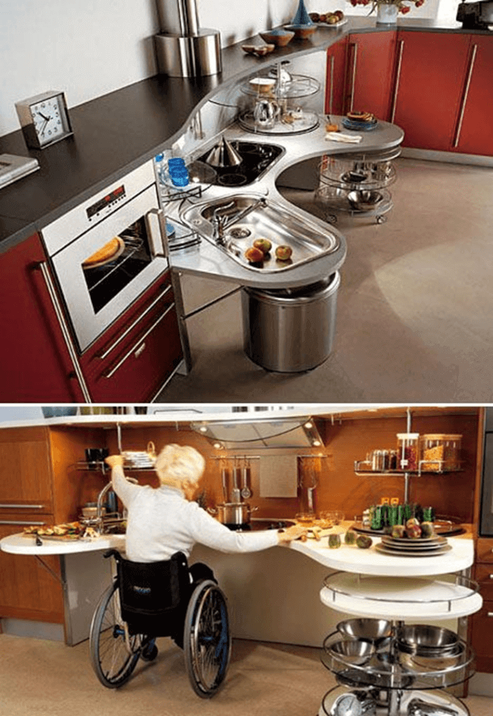 kitchen designed for easy access with wheelchair