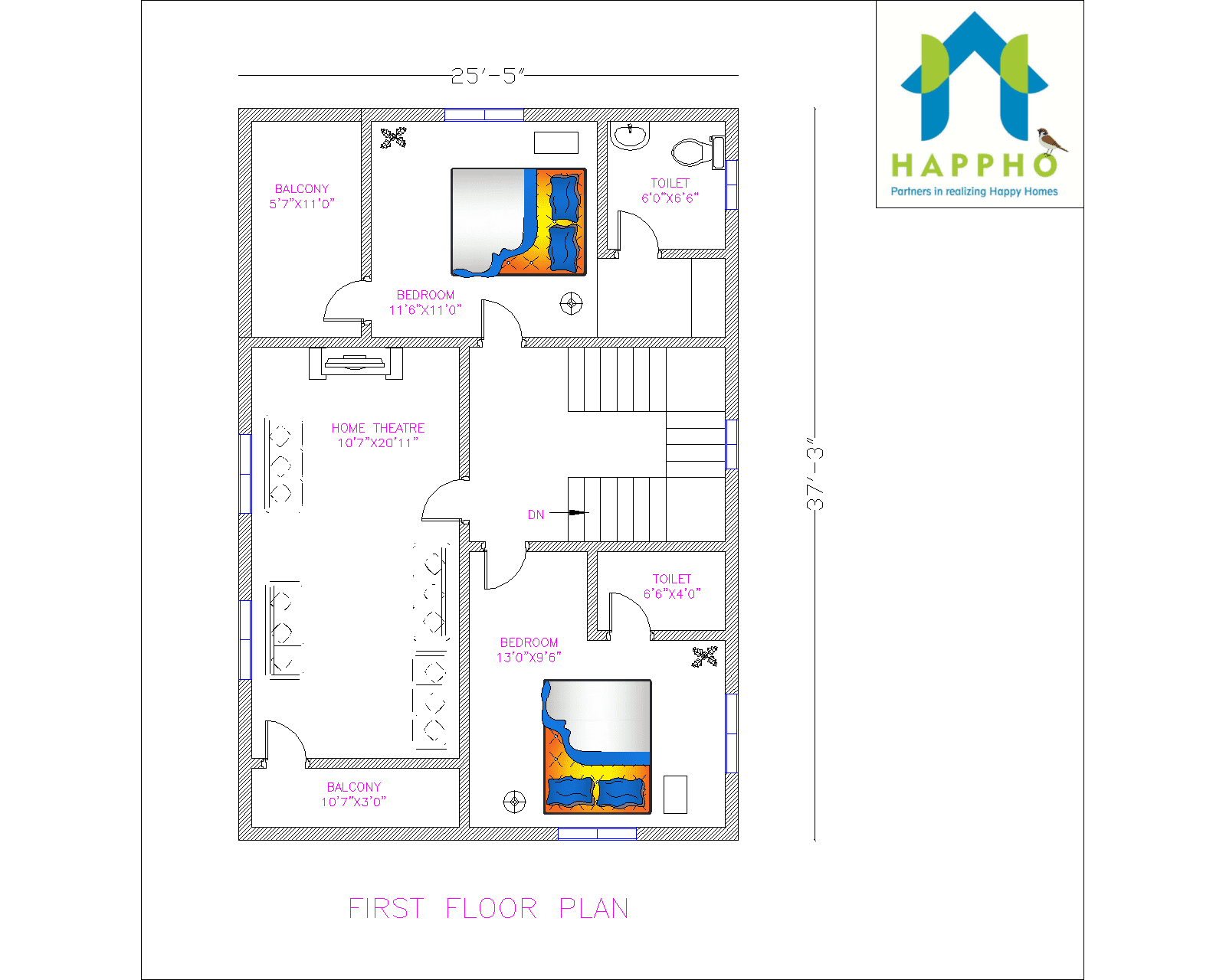 25X37 House Plan For North Facing 3BHK Plan 065 Happho