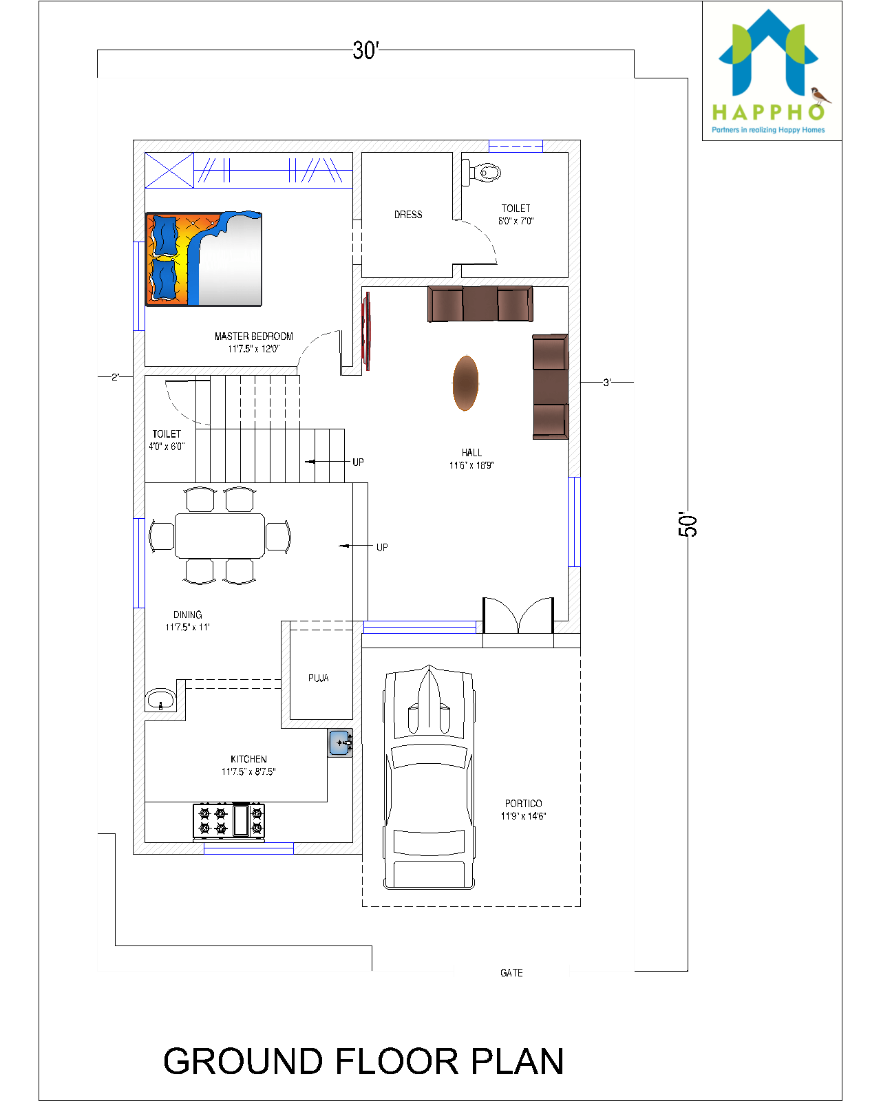 30X50 House Plan Design 3 BHK Plan 071 Happho