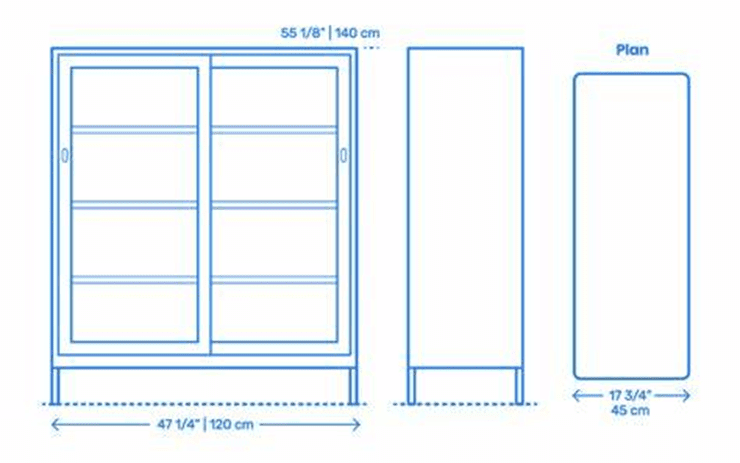 A front and side view of a cupboard with sliding door