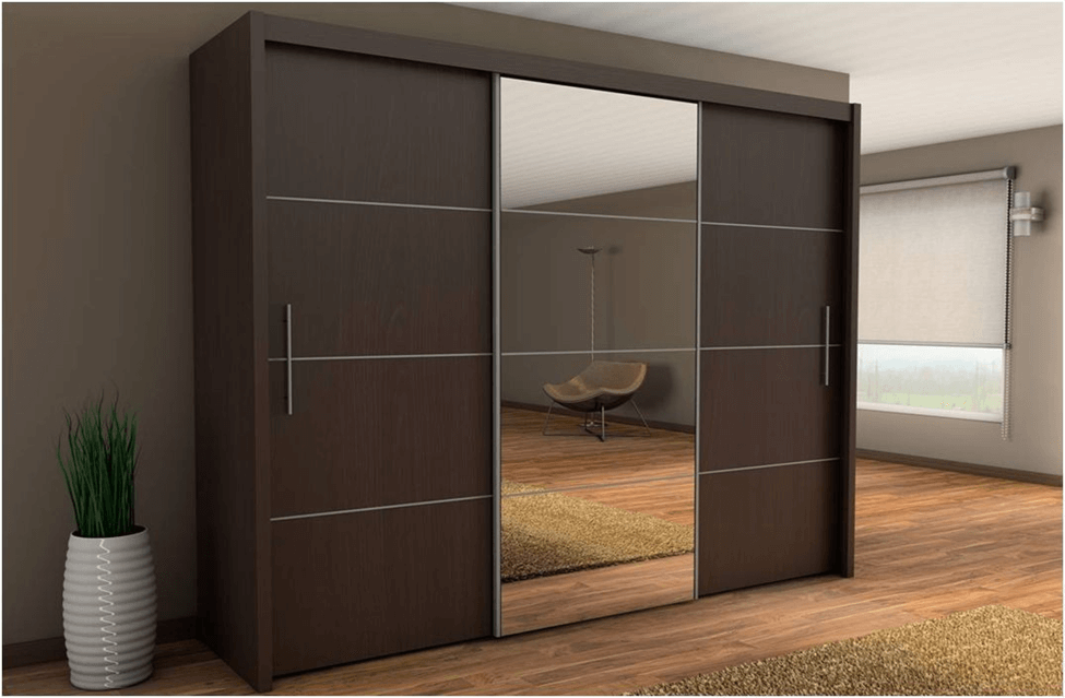 A front view of the wardrobe with 3 sliding doors and with glass installed on the top