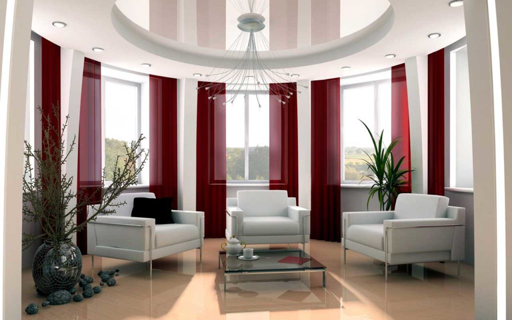 Round shaped room with round windows and sofas in place