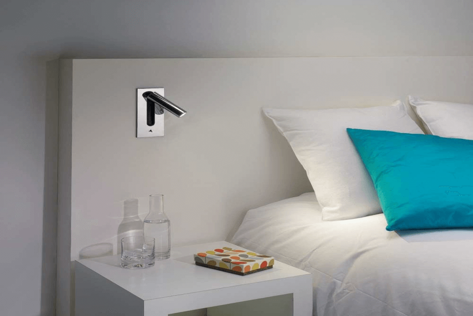 Task lighting for reading placed on the headboard in bedroom