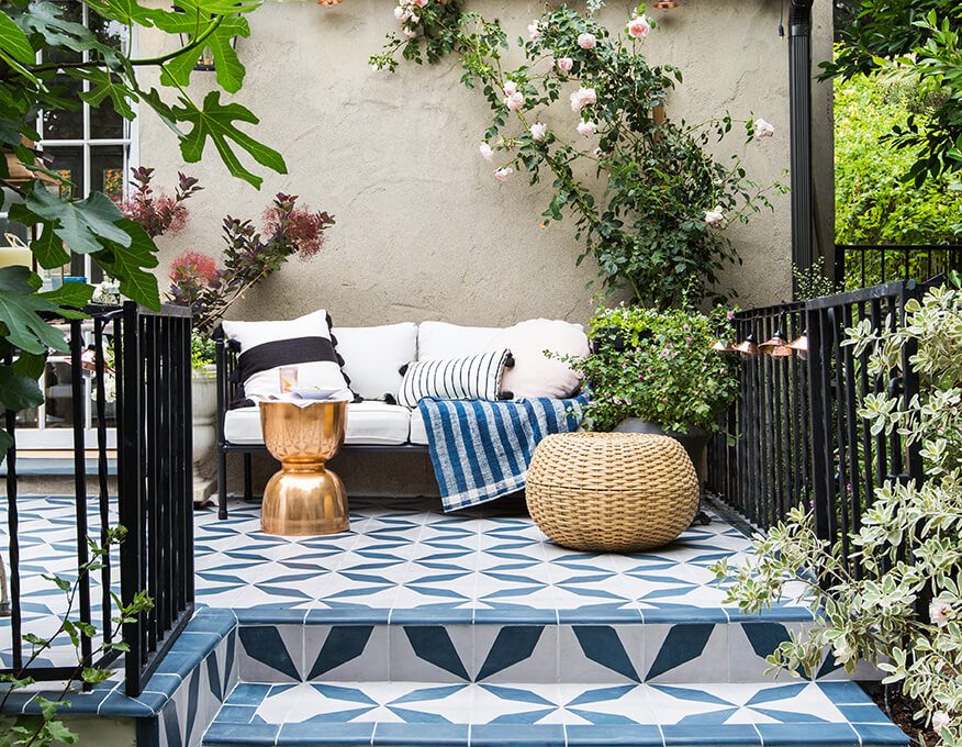Colourful white and blue tiles for hardscaping the backyard area