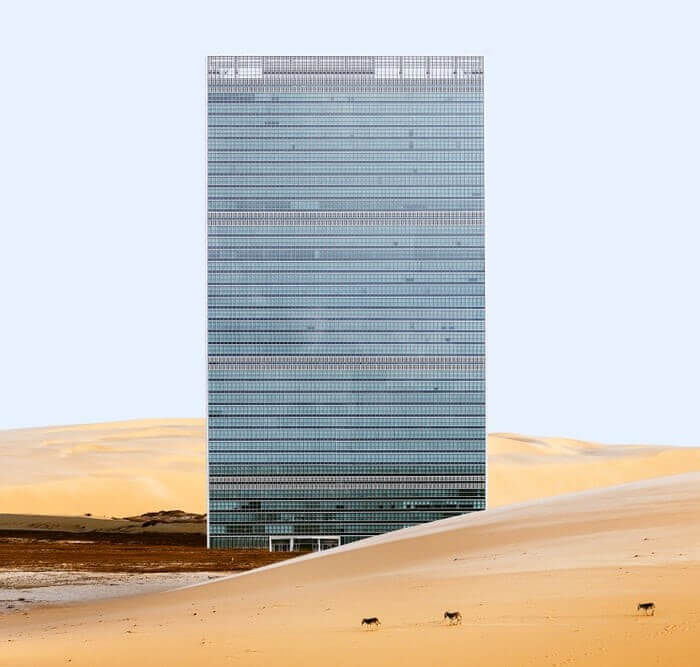 Glass building skyscraper in dubai desert
