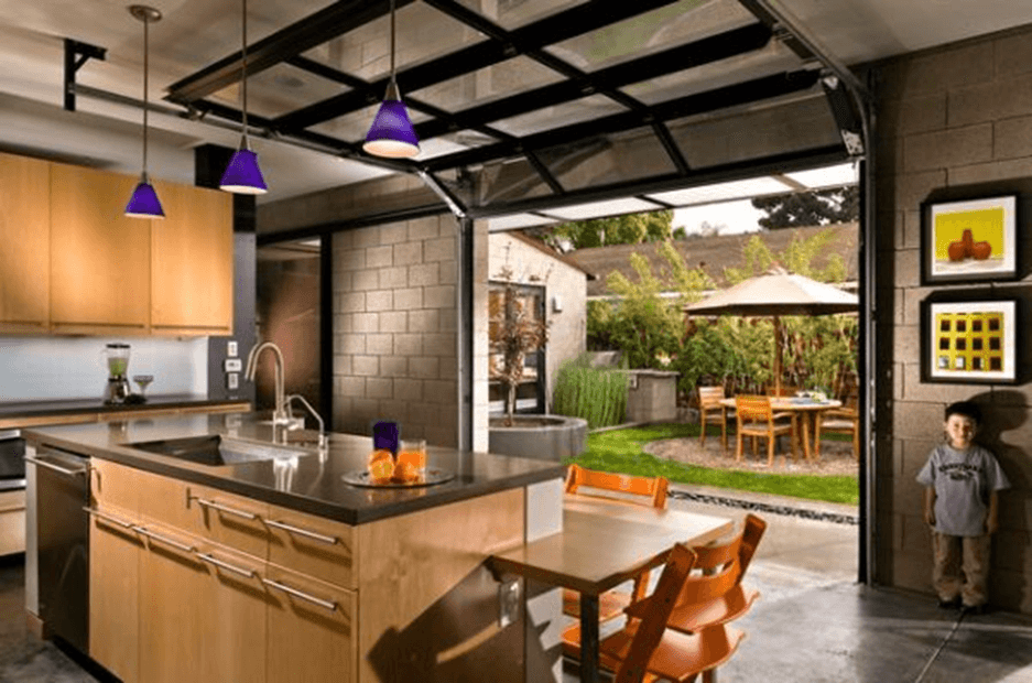 Kitchen connected with outdoor sitting space