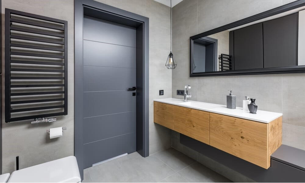 Wooden plastic composite door for bathroom in grey color