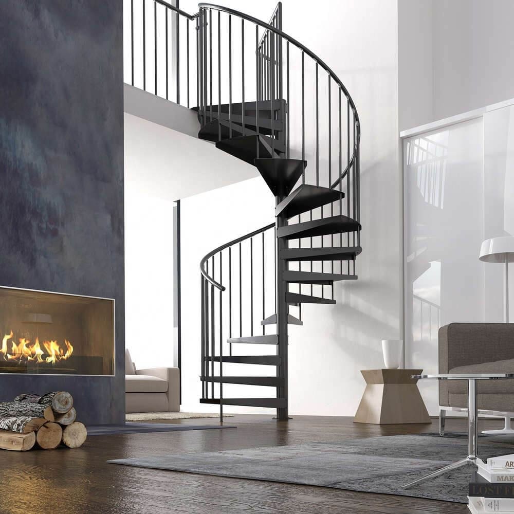 Metal spiral staircase inside a house painted in the black