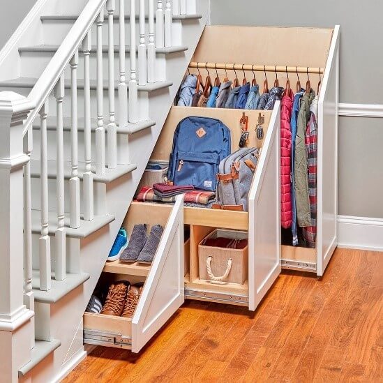 Storage drawers underneath the staircase