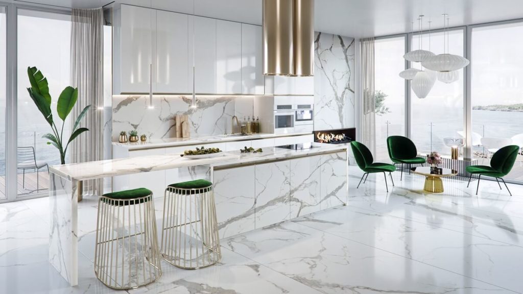 Stylishly designed kitchen in white statuario marble