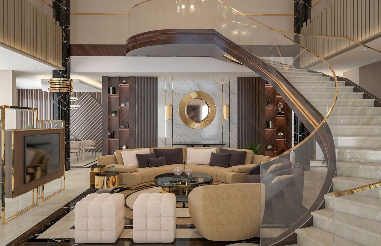 Luxurious Staircase With Golden Color Toughened Glass Handrail 