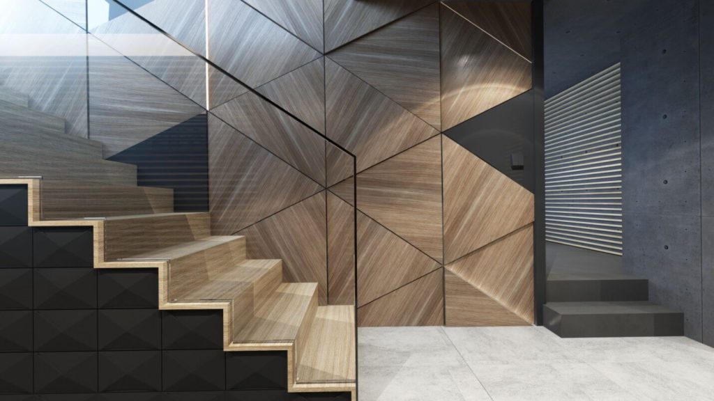 Patterned wooden panneling on the side walls that make staircase looks luxurious