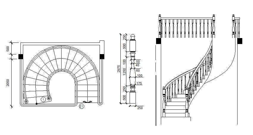 Plan and elevation of a helical staircase