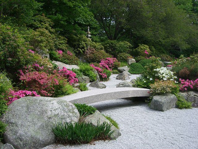 A small bridge to cross a gravel area in a zen garden