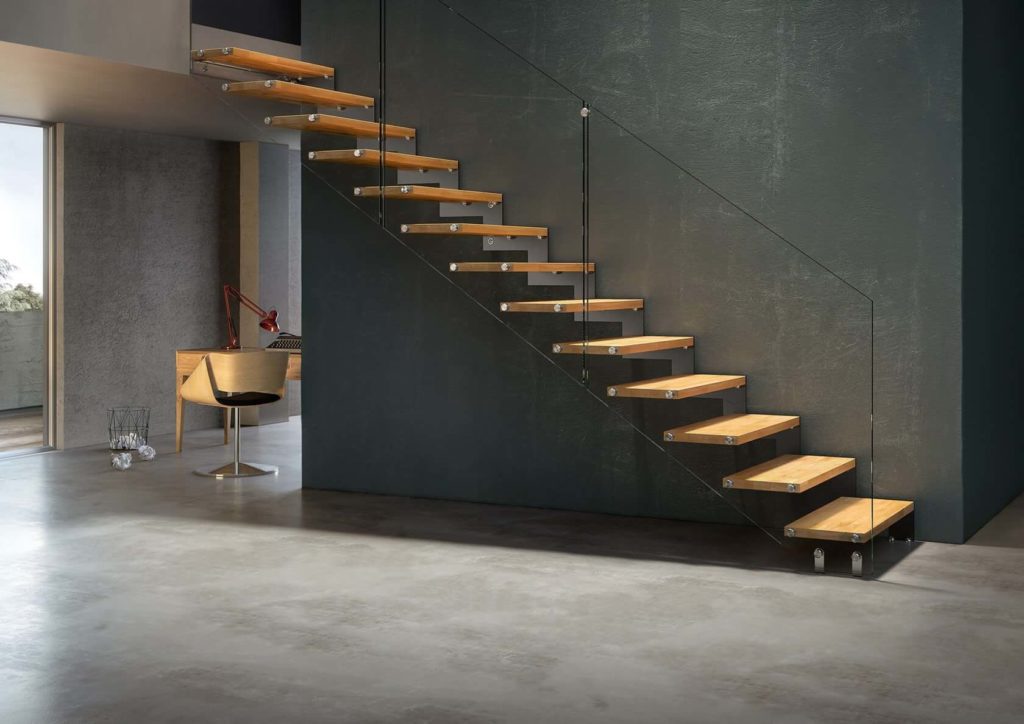 Cantilevered floating staircase with toughened glass handrail