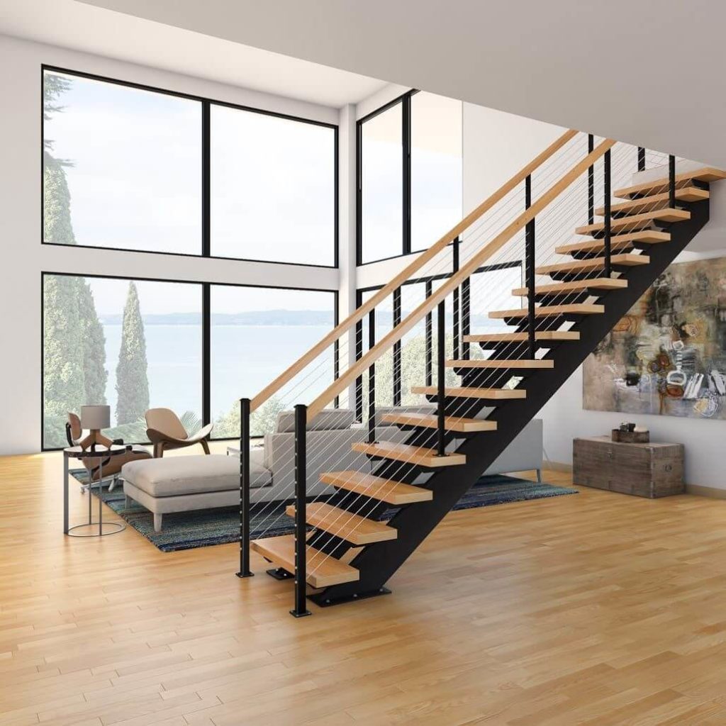 Double stringer floating staircase with 2 support beams below staircase