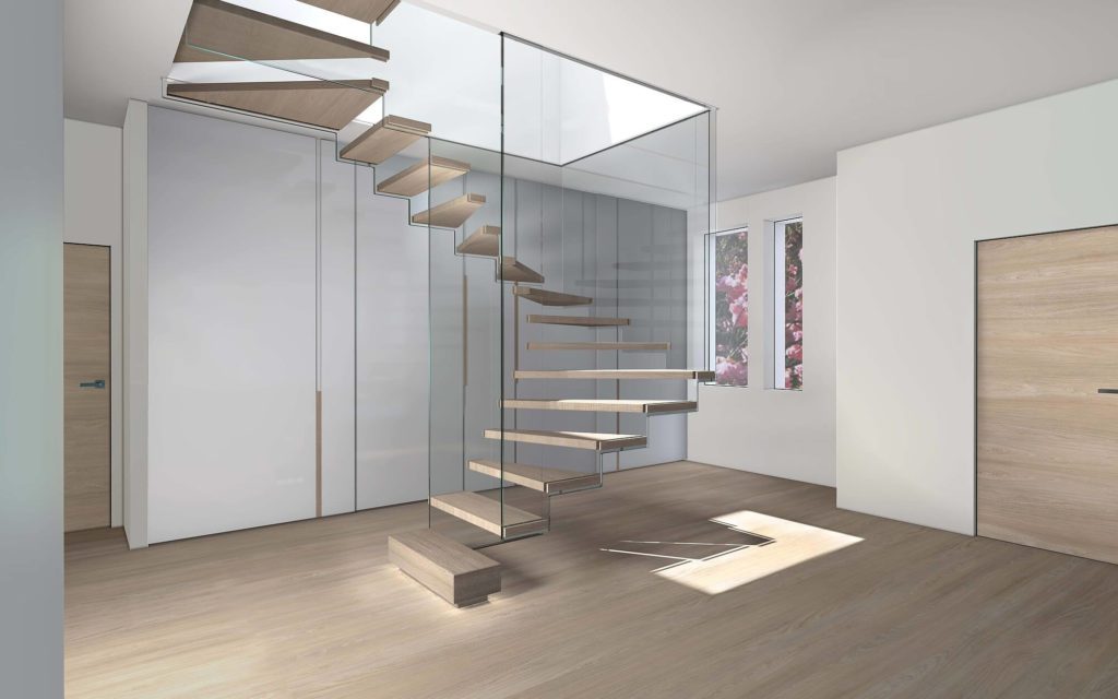 Floating staircase with toughened glass partition from stairs to ceiling