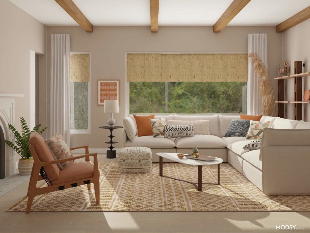 Living Room with earthy colors and wooden beams on the ceiling-1