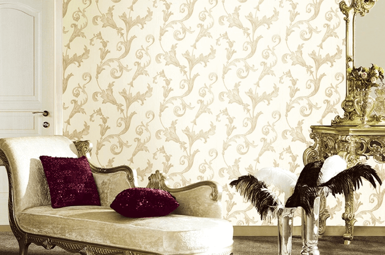 A formal wallpaper on the backside of a stylish sofa inside a house