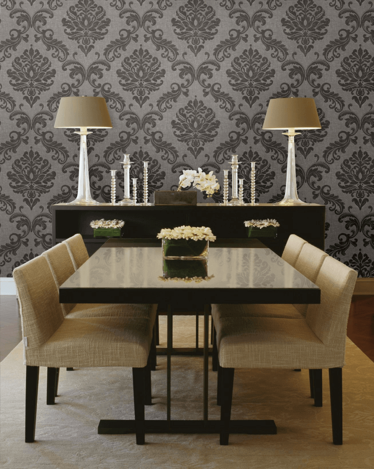 Formal Wallpaper in dining area in grey color