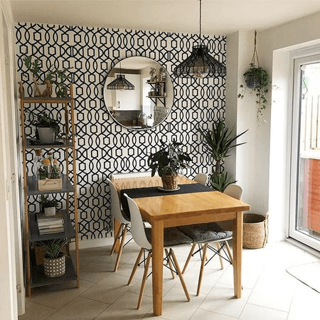 Patterned wallpaper in the dining room inside a house