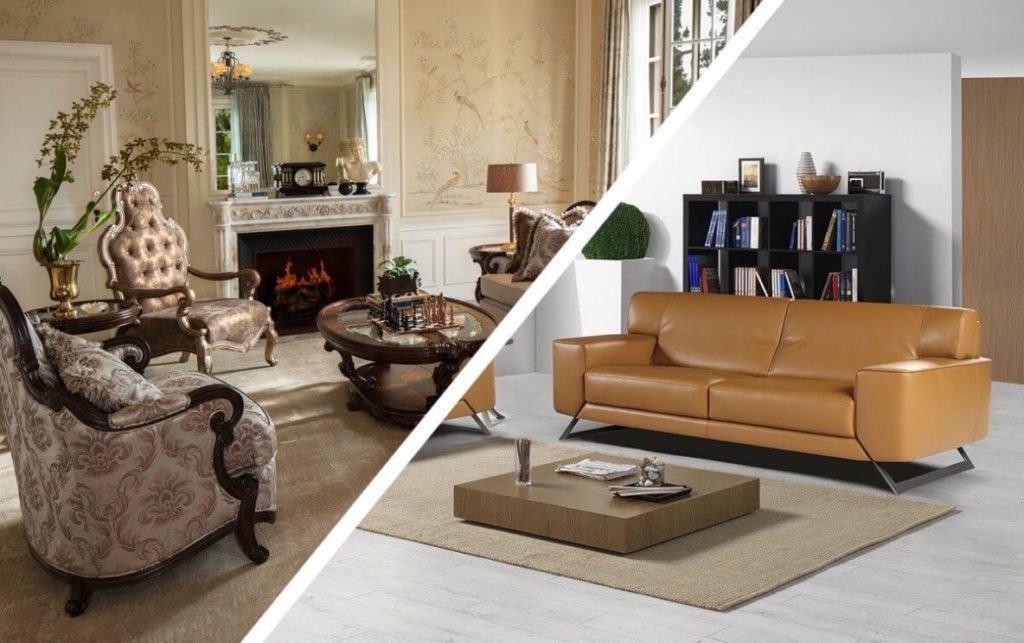 Traditional vs modern sofa and furniture in living room