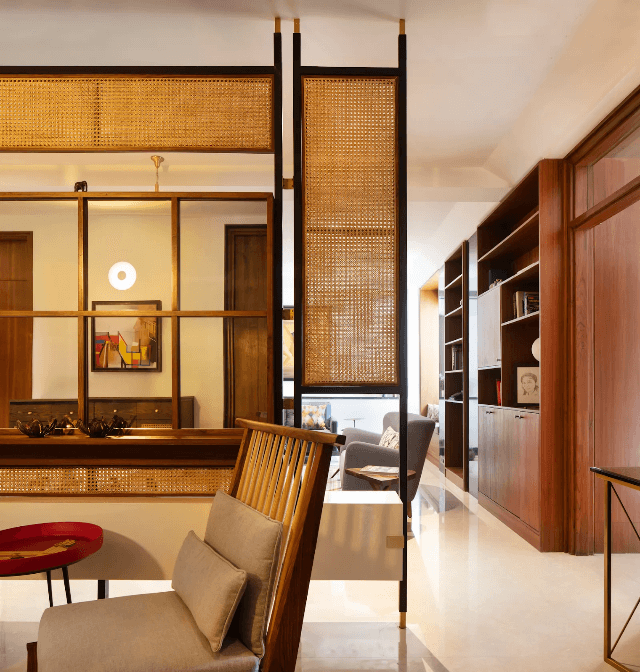 View of wooden finishing living room with traditional decoration