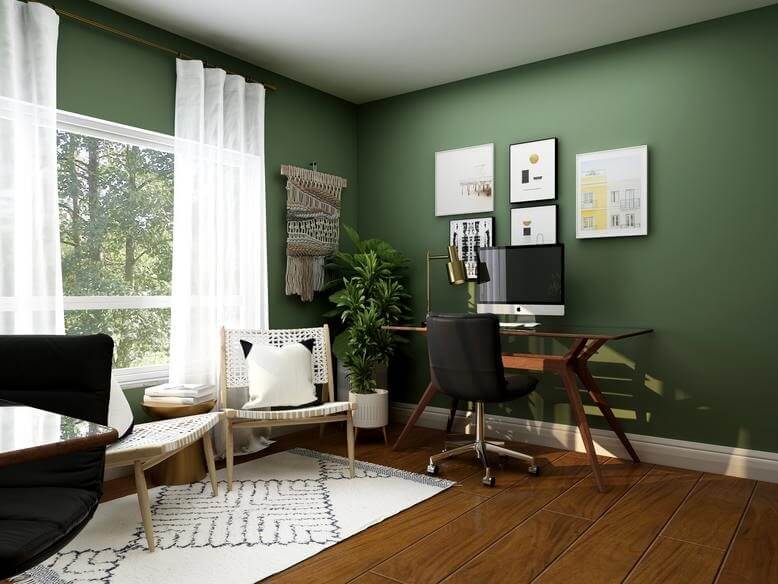 Green painted walls with white curtain