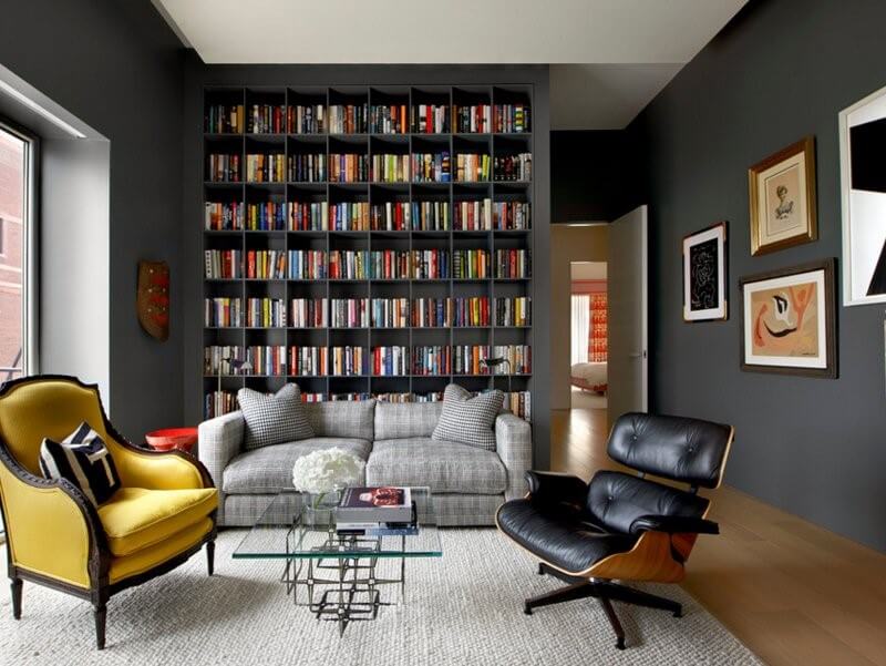 living room wall decorated with book shelf