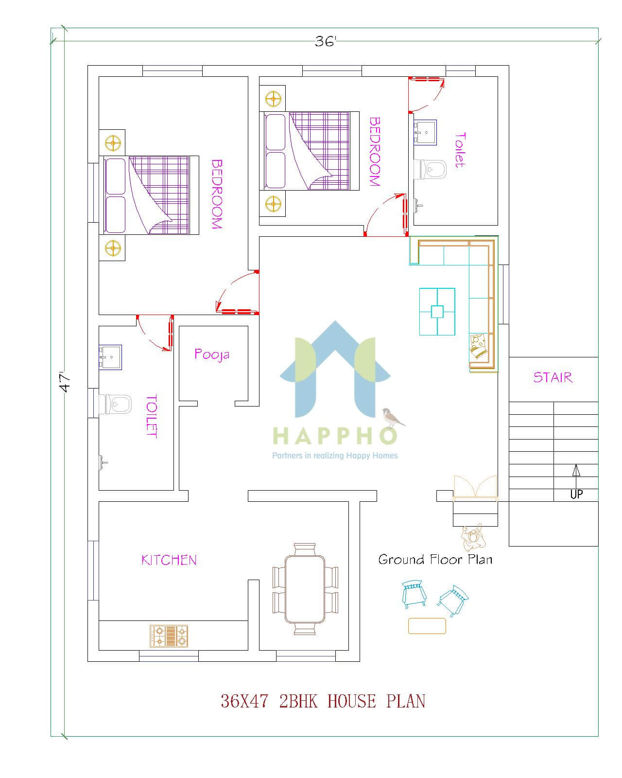 36X47 Vastu House Plan Design || 2 BHK Plan-074 - Happho