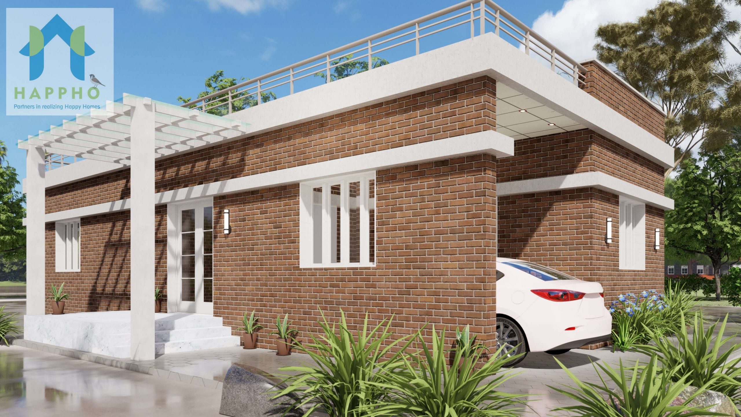 3d elevation house plan for 2 bedroom house in white color