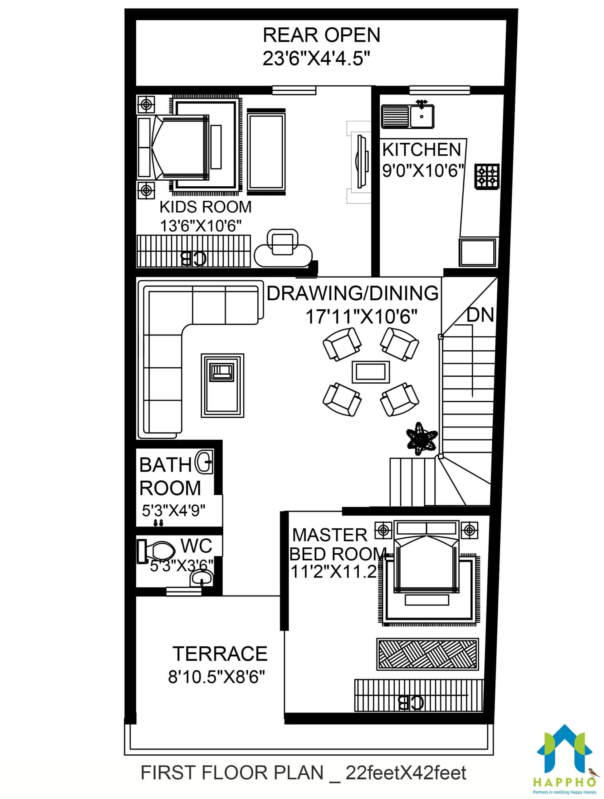 22 X 42 Modern house plan design || 3 BHK Plan-008 - Happho