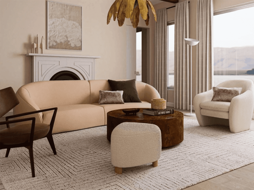 decorated living area with curved furniture