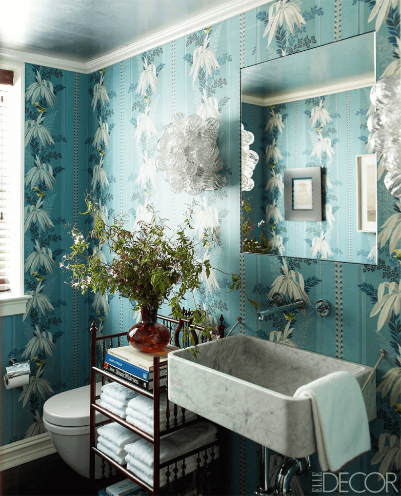bathroom image with trendy interior and decorated walls