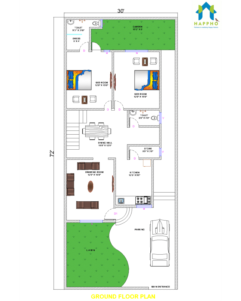 30x72 house plan for 2 bhk