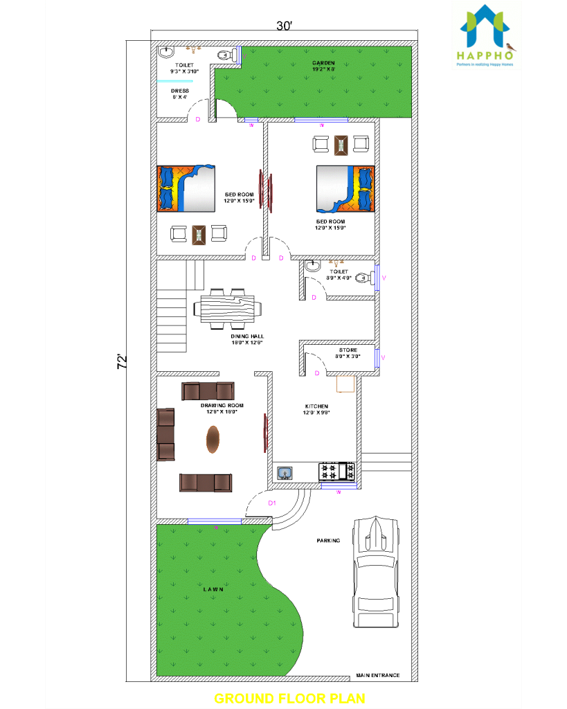 30x72 house plan for 2 bhk