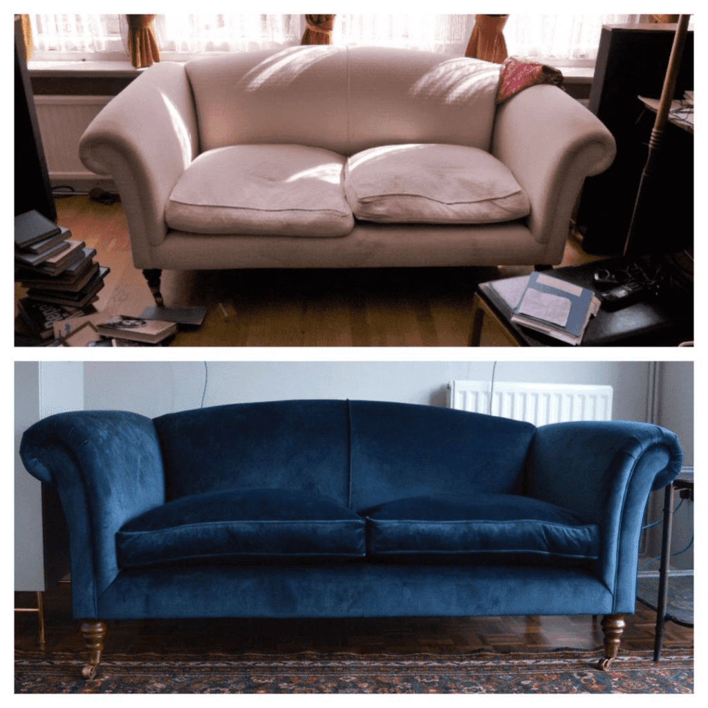 Picture of before and after result of changing upholstery and linen in sofa