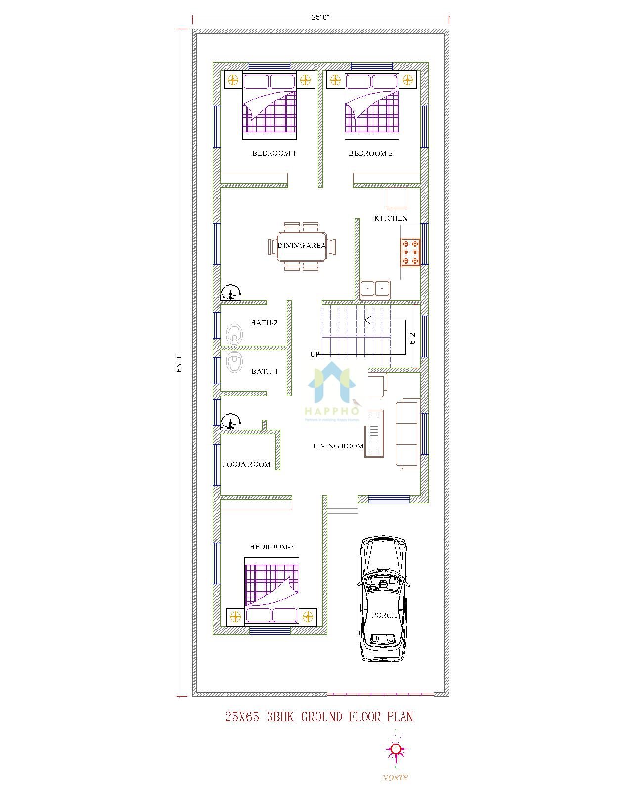 25X65 North Facing House Plan 4 BHK Plan 085 Happho