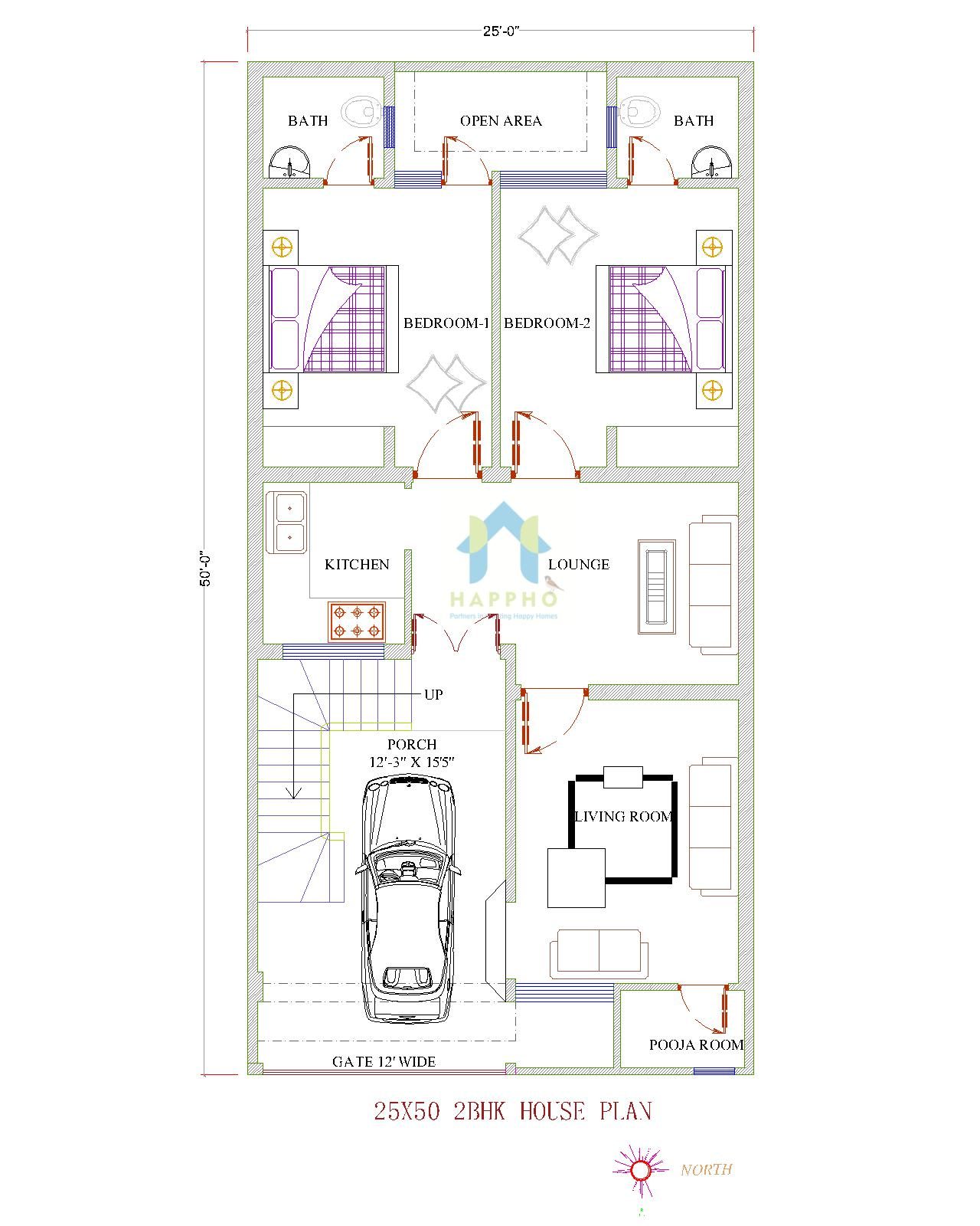 25X50 East Facing House Plan || 2 BHK Plan-084 - Happho